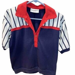 Peter Popovitch Petite Vintage Collared Blouse Red, White, Blue Heart Buttons